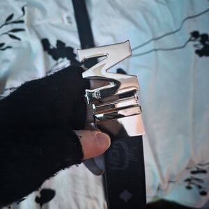 Silver Designer M Buckle Inspired Belt with Black Strap